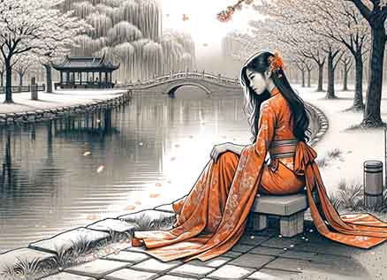 An image of a young asian woman sitting by a pond looking into the water. She is in a quiet isolated park.