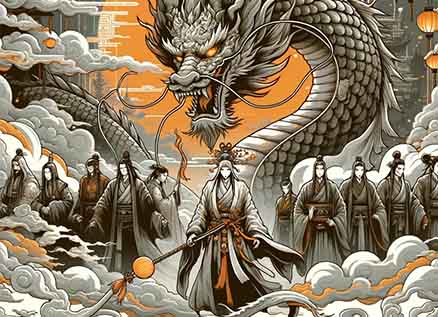 A group of Chinese characters are facing the viewer backed by an enormous dragon in a historic yet mystical background. The image is a depiction of Chinese anime or mahua.