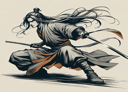 A strong swordsman with long hair and a stern look, equipped with an unsheathed sword and a sheathed one. He is wearing a traditional Chinese robe and boots. He could be a character in one of the many astounding internet literature works of Chinese origin.