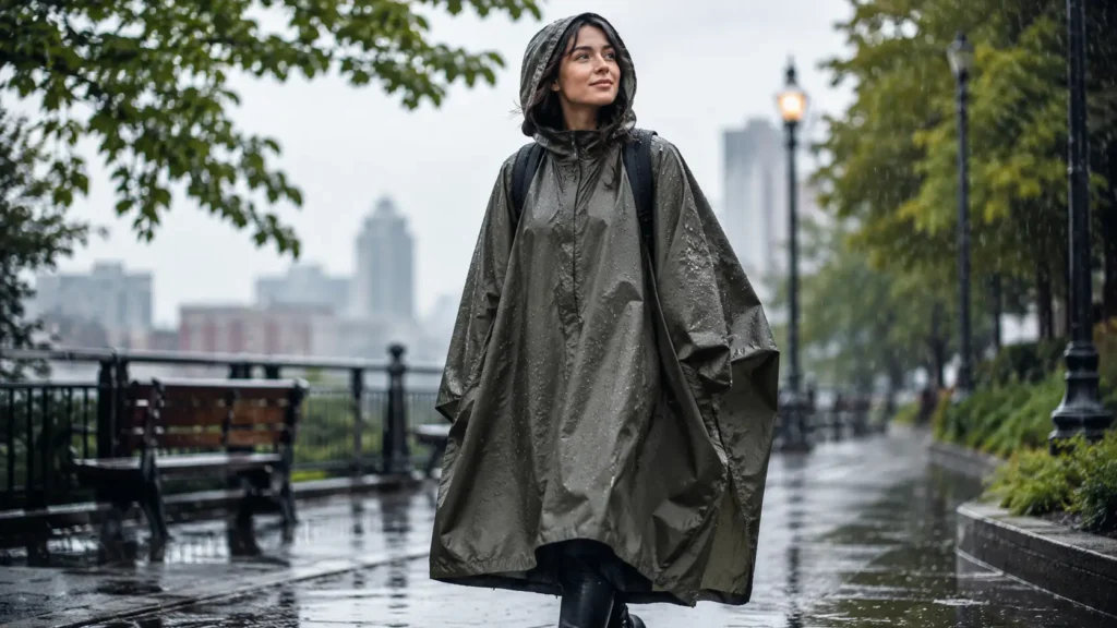 Young adult wearing a rain poncho walking outdoors on a rainy day, staying dry and comfortable, demonstrating the versatility and protection of lightweight rain ponchos