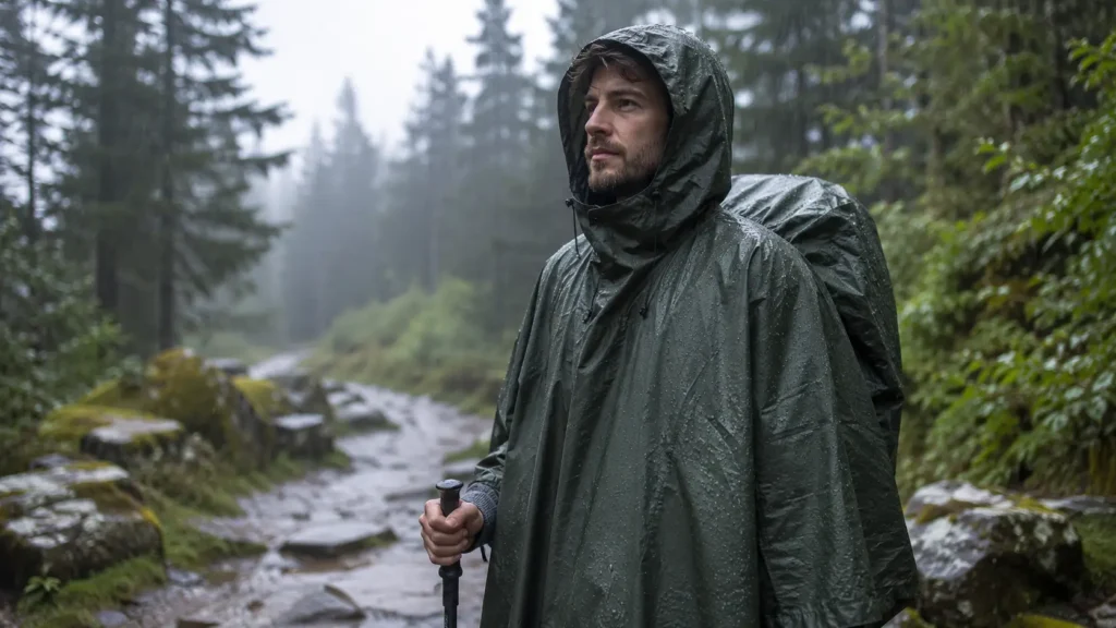 Man wearing a waterproof rain poncho while hiking on a rainy forest trail, showing practical outdoor rain protection