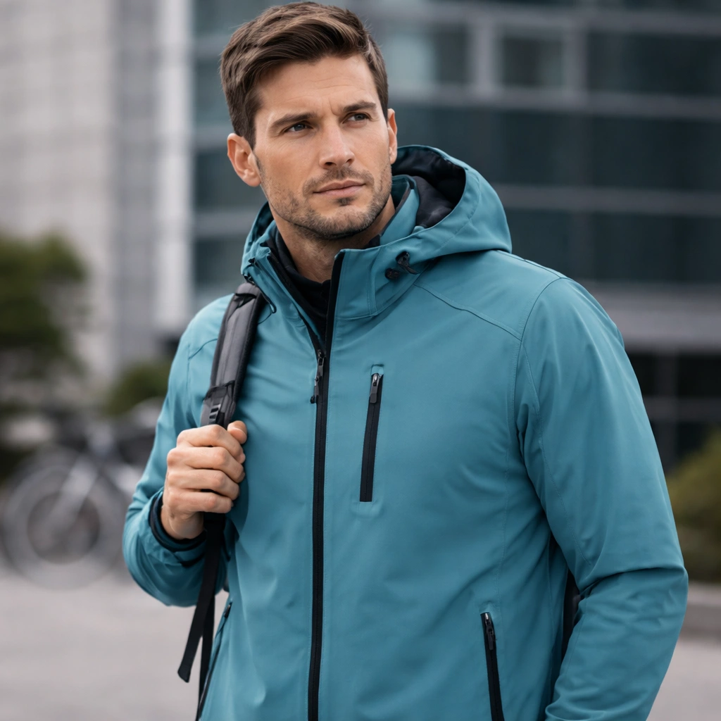 man wearing teal waterproof composite softshell jacket outdoor