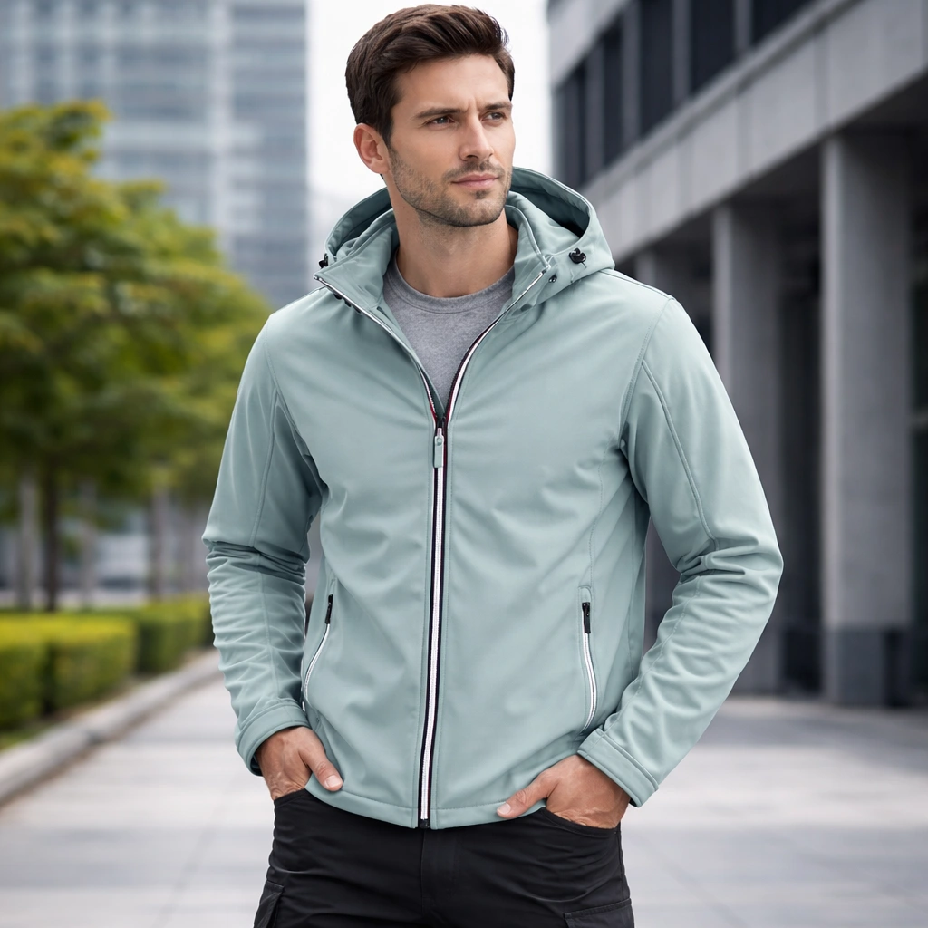 man wearing lightweight hooded softshell jacket outdoor