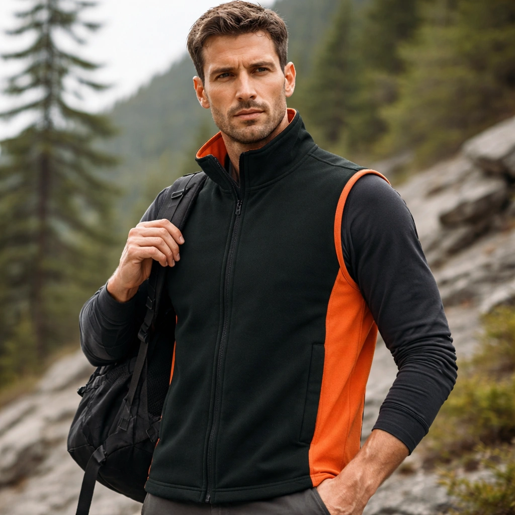 man wearing black orange softshell vest outdoor