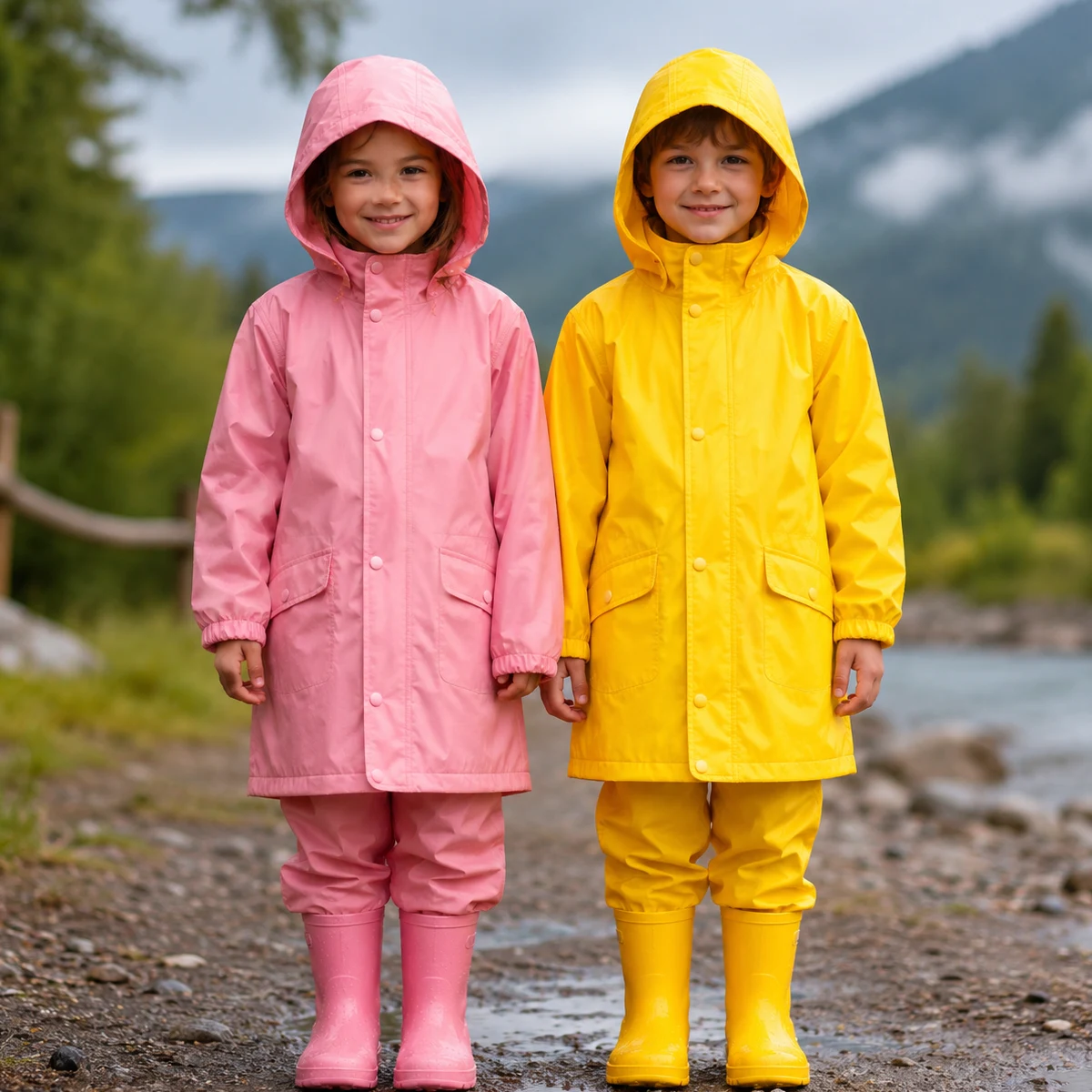 Kids rainwear pink and yellow poncho for children
