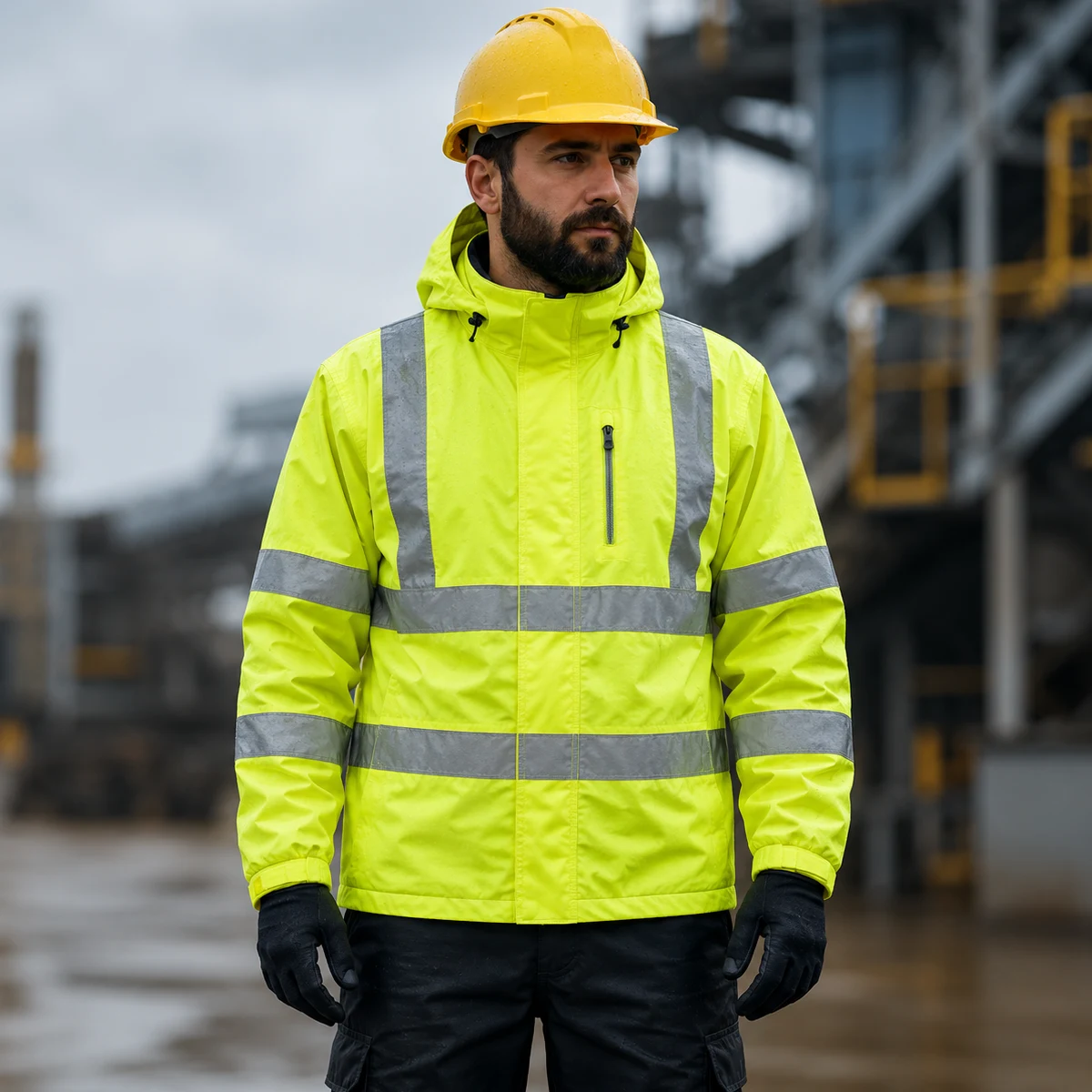 High visibility yellow workwear rainwear jacket for industrial use