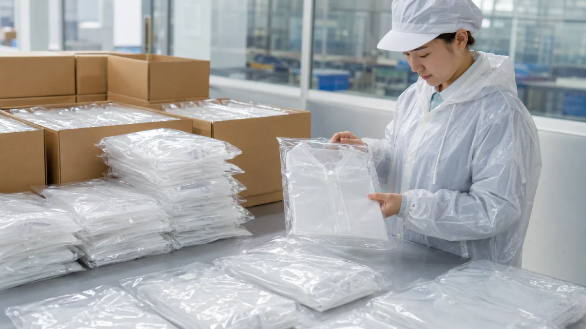 custom clear raincoat logo printing sample Worker checking logo printing sample on a custom clear raincoat in a rainwear factory
