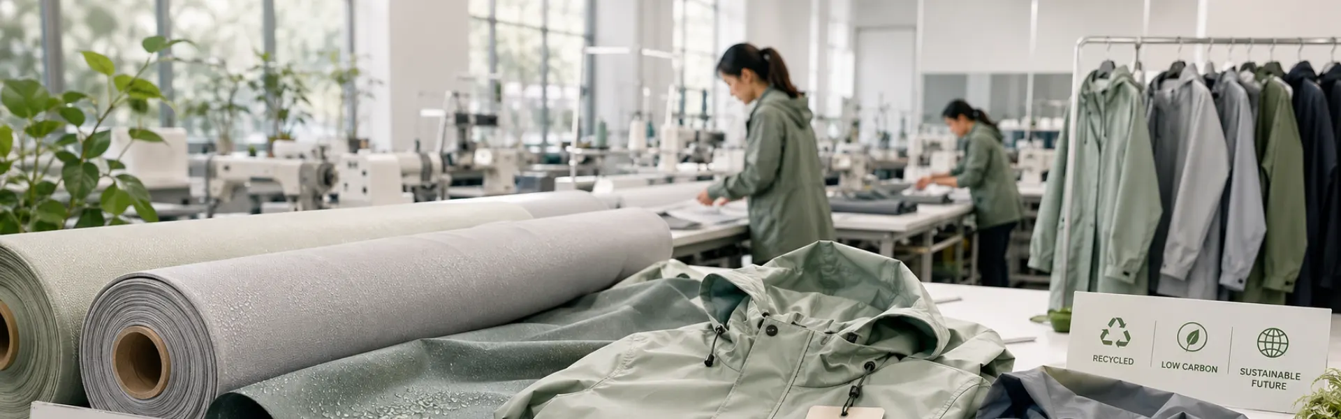 Eco friendly recycled rainwear fabric production with waterproof fabric rolls, rain jacket samples, and sustainable garment materials in a clean factory setting