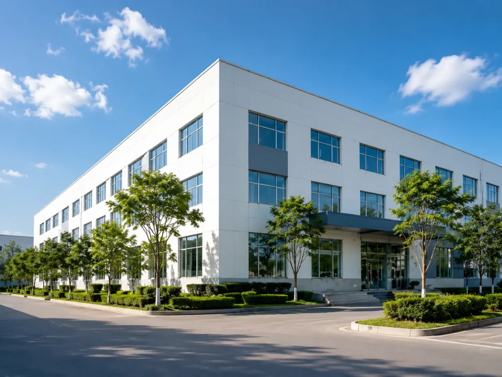 Modern rainwear manufacturing factory building with clean exterior, trees, and blue sky for OEM and ODM garment production