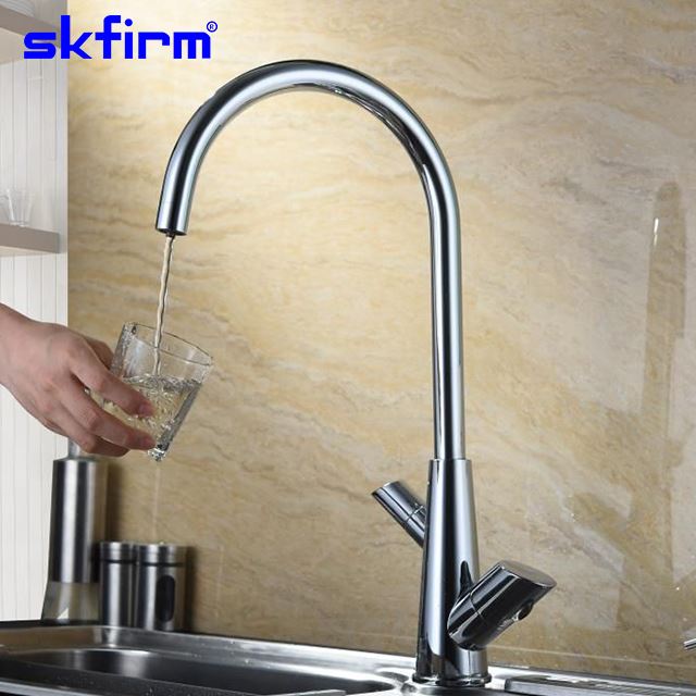 How does the three way kitchen faucet's filtration system work?