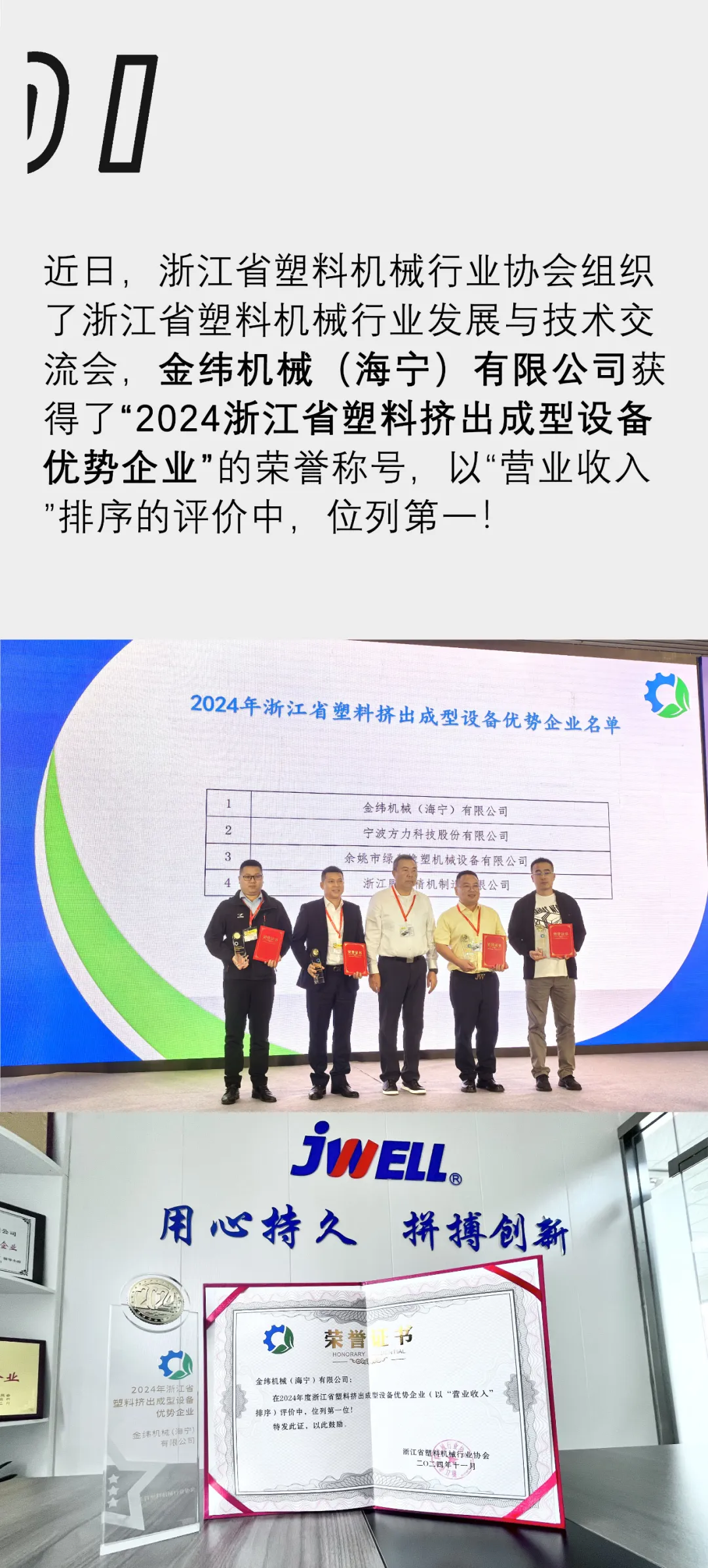 Getuigenis van kracht! Haining Jinwei won de eerste plaats in de 2024 Zhejiang Provincie Plastic Extrusie Molding Equipment Industry Advantageous Enterprise